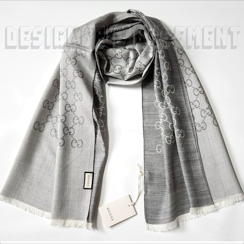 GUCCI light & Heather Gray GGNAT wool & silk 18x70" shawl Pashmina scarf NWT - Picture 8 of 10
